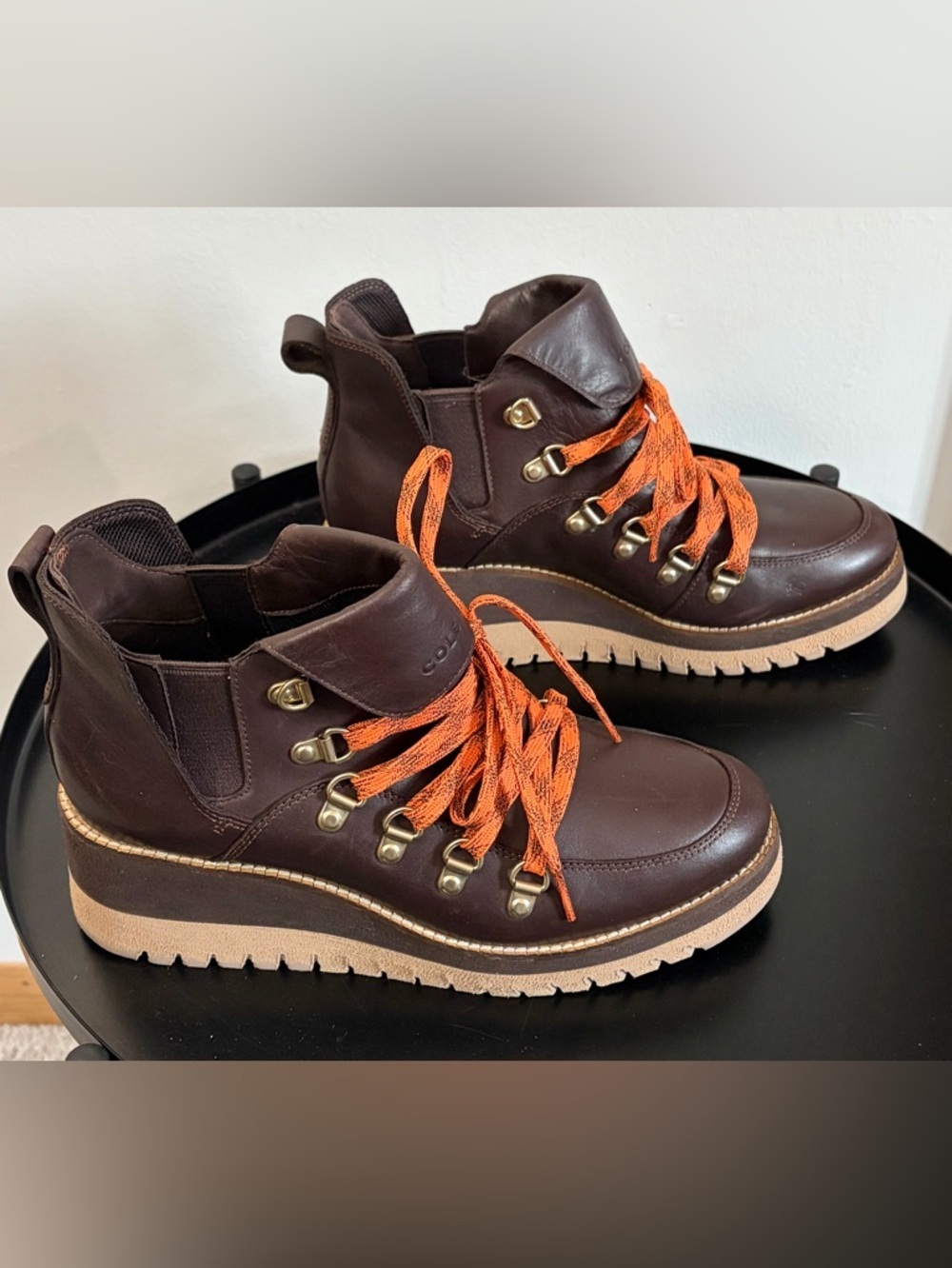 Cole Haan Grand Explore Brown Leather Lace-Up Platform Boot with Orange Laces - Picture 4 of 11